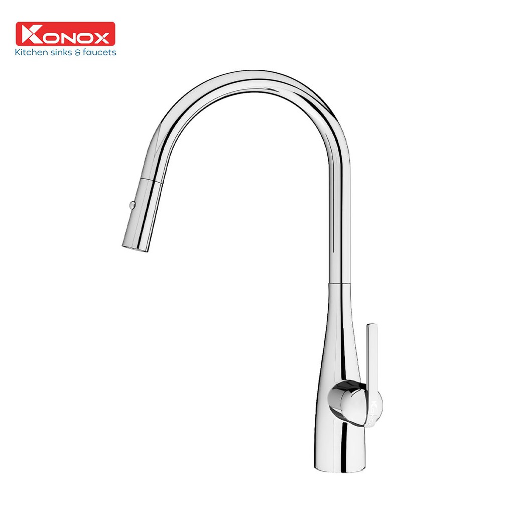 Vòi rửa bát rút dây KONOX Curva Chrome bề mặt xử lý mạ PVD Chrome 5 lớp, lõi hợp kim đồng 61% tiêu chuẩn Châu Âu CW617N