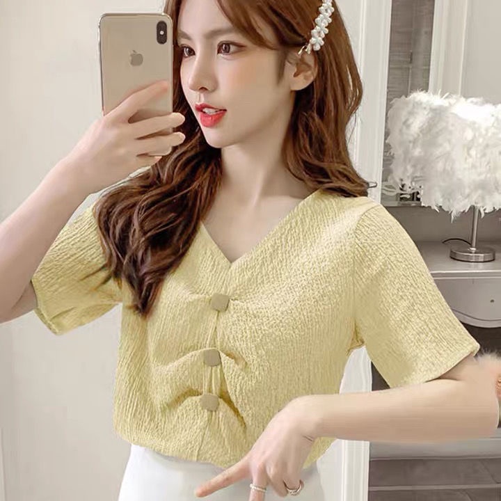 Áo Sơ Mi Voan Cổ V Tay Ngắn Thời Trang Mùa Hè Hàn Quốc Dành Cho Nữ 2022 Mới
