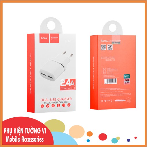 Củ Sạc Điện Thoại 2 Cổng USB HOCO C12A - Chính Hãng