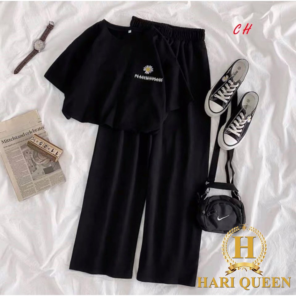 Sét áo hoa cúc PEA nhỏ in tim + quần ông rộng COH0620