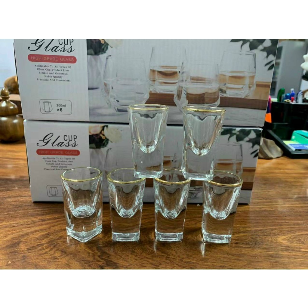 Bộ 6 Ly Thủy Tinh Đế Vuông 4002 Viền Vàng - Bộ 6 ly uống ruou viền vàng cao cấp