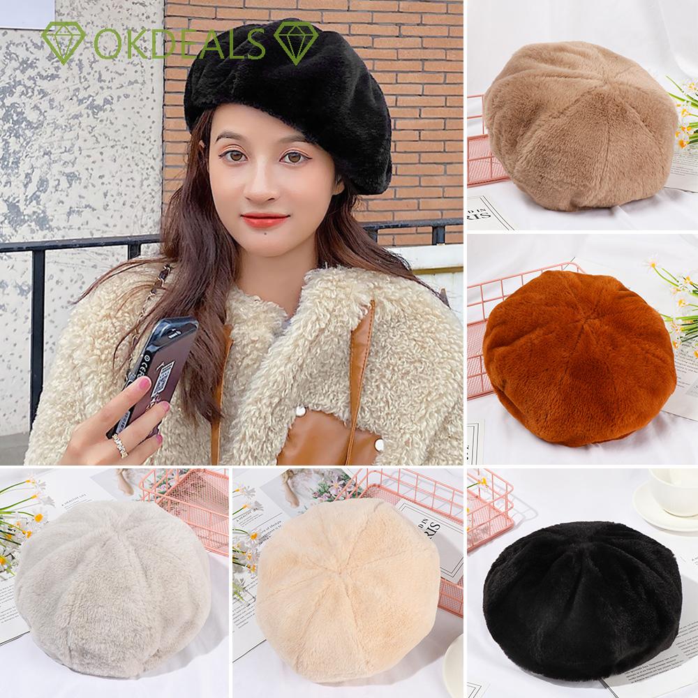 Mũ beret vải lông màu trơn ấm áp phong cách cổ điển thời trang mùa đông cho nữ