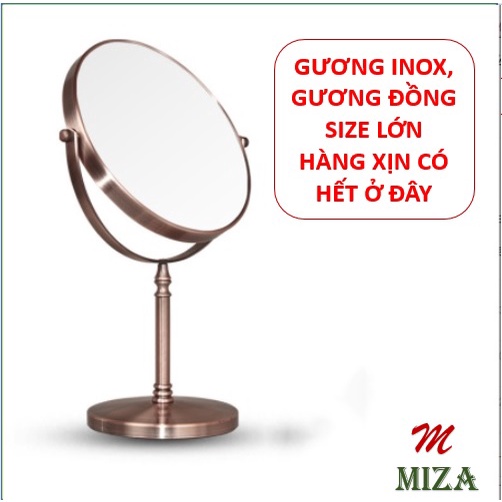 Gương trang điểm bằng inox/đồng cỡ lớn - Gương để bàn 2 mặt xoay 360 độ zoom x2 loại xịn MKZ124