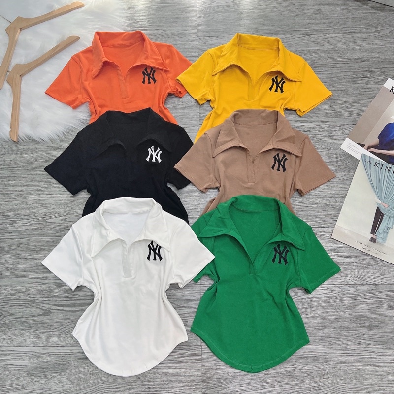Áo thun Croptop Body nữ Pô Lô vạt bầu thêu Lô Gô NY