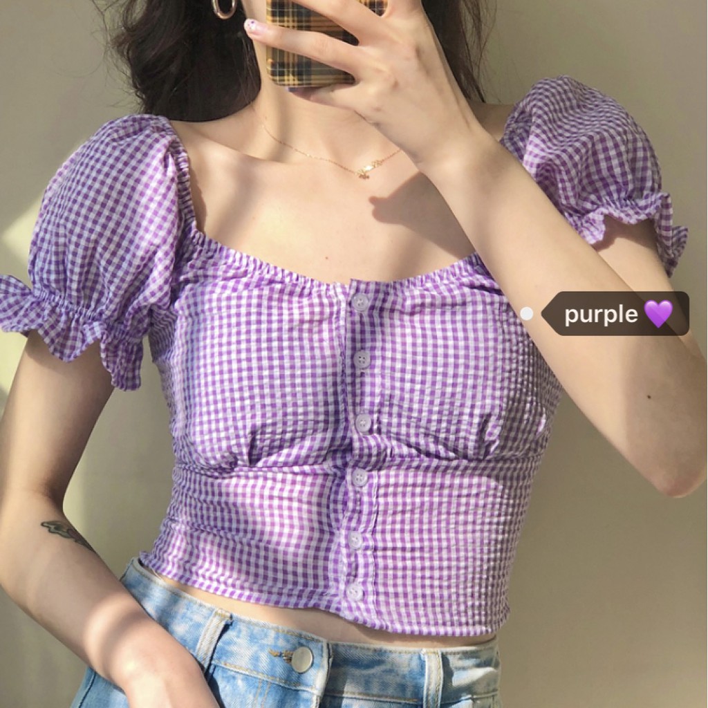 (ORDER) Áo kiểu nữ cổ vuông cài dọc khuy dáng ngắn màu sọc tím/xanh style ngọt ngào cá tính