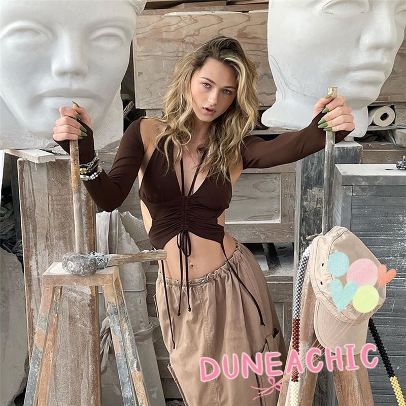 DUNEA Áo kiểu tay dài phối dây quyến rũ cho nữ