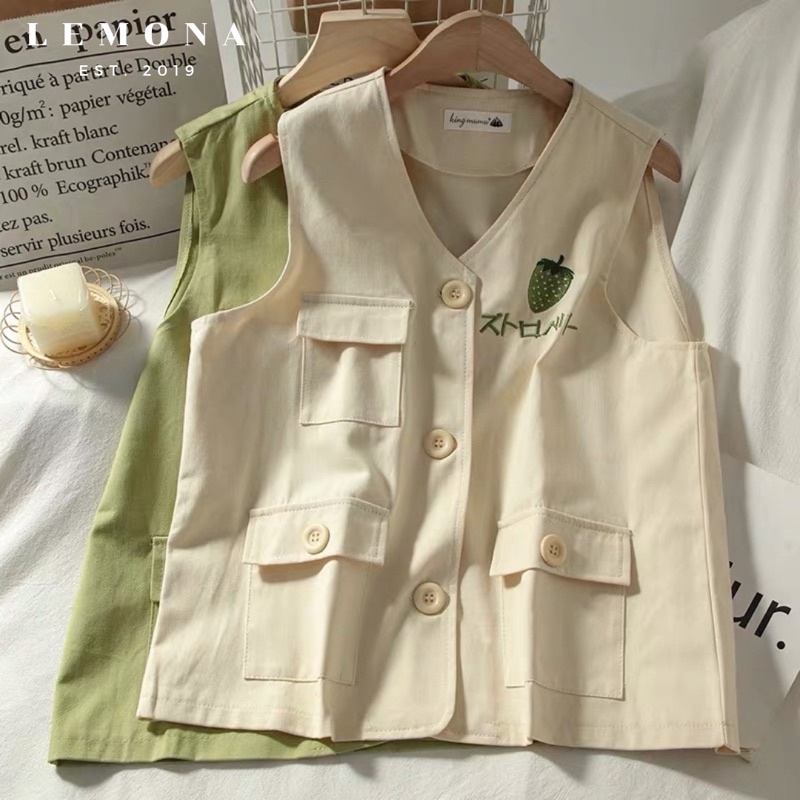 Áo Gile Dâu Tây Áo Khoác Ngoài Phối Màu Phong Cách Dễ Thương Học Sinh