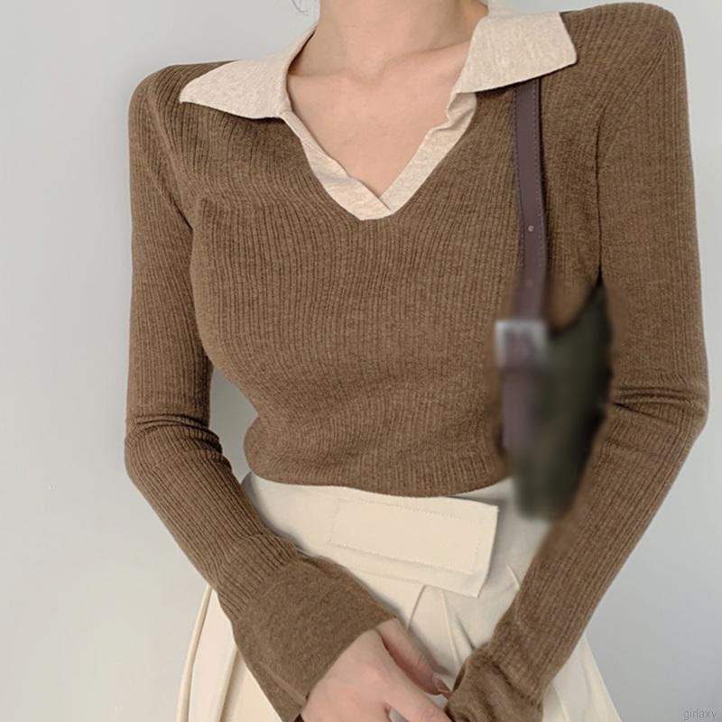 Áo dệt kim tay dài màu sắc đơn giản phong cách Hàn Quốc thời trang cho nữ