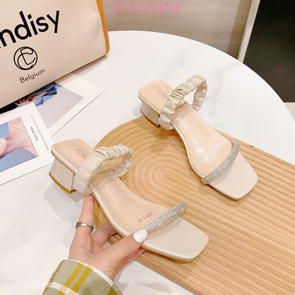 Sandal đế vuông, dép cao gót đế vuông quai đính đá Sunshine_Store A004