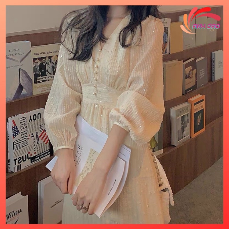 Váy nữ dự tiệc cổ V dáng xòe Vintage đính ngọc chất ren nhũ cao cấp màu trắng nude V148 full size AĐ BOUTIQUE