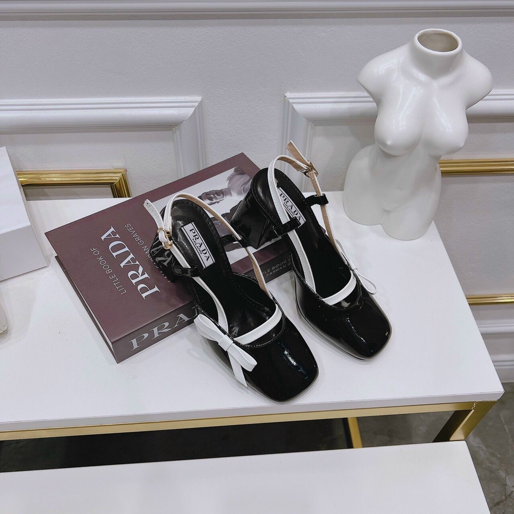 Giày cao gót nữ đế vuông nơ viền cạnh sandal cao gót pra đế vuông nơ xinh xinh E522