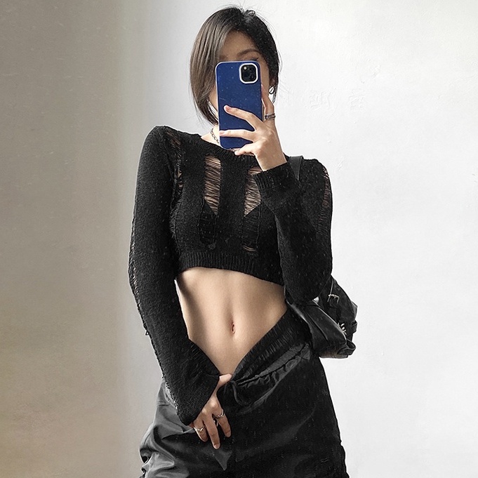 Cocory vn Áo Dệt Kim Tay Dài Cổ Tròn Thiết Kế Khoét Quyến Rũ