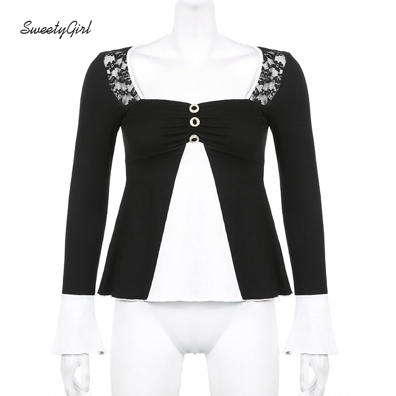 Áo Thun Tay Dài Cổ Vuông Cắt Sâu Ôm Dáng Phối Màu Tương Phản Thời Trang 2022 Cho Nữ