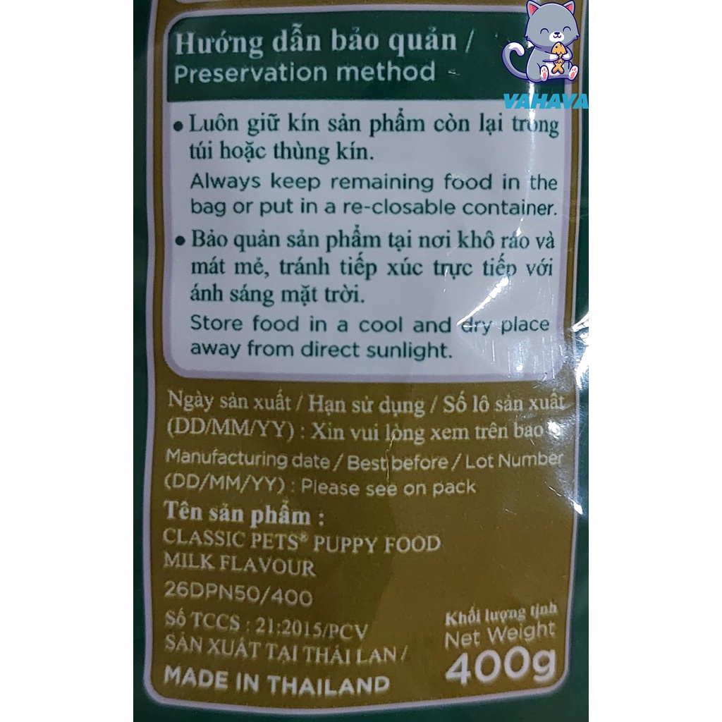 Thức Ăn Dành Cho Chó Con - Hạt Classic Pets Hương Vị Sữa 400g - VAHAVA
