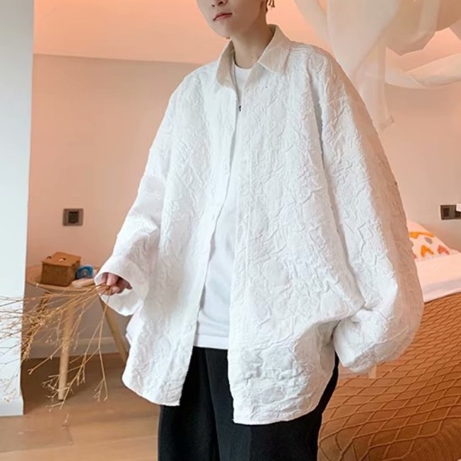 Áo Sơ Mi Tay Ngắn Cổ Đứng Dáng Rộng Họa Tiết Dập Nổi Thời Trang Cho Nam