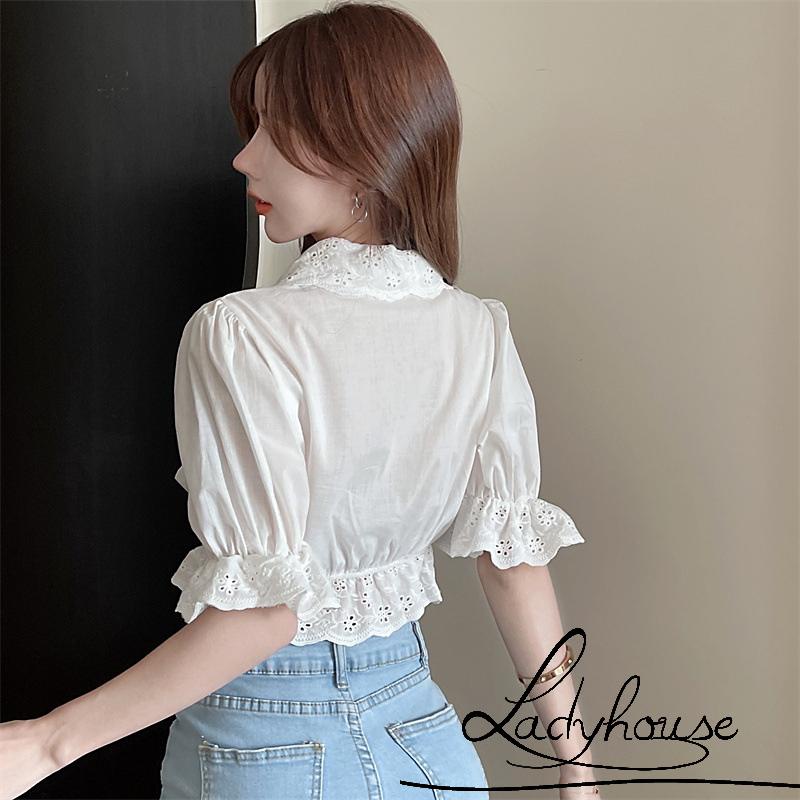 Áo Croptop Cổ Chữ V Tay Phồng Màu Trơn Thời Trang Mùa Hè Dành Cho Nữ