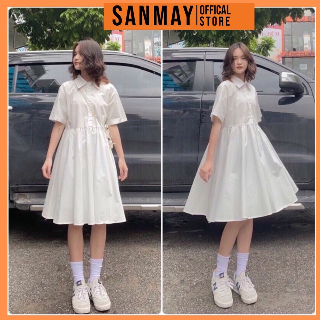 Váy Babydoll Trắng Tay Ngắn Dáng Xòe SANJOLI Đầm Đi Dự Tiệc Cưới,Đi Chơi,Form Rộng Cổ Sơ Mi Ulzzang Hàn Quốc VD044