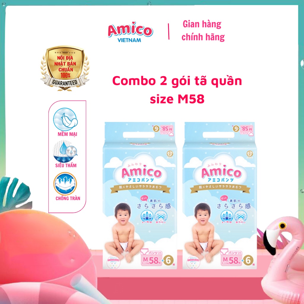 Bỉm - Tã quần Amico combo 2 gói size M 58 + 6 miếng (Cho bé 6 - 11kg)
