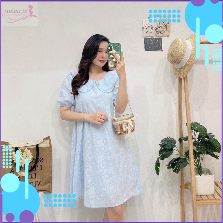 Đầm Xòe Dáng Suông Cổ Sen Phối Tay Bồng Xinh Xắn, Trẻ Trung, Chất Hoa Ép Hạt Nổi May 2 Lớp Dày Mềm Mịn, Mát, Bền Đẹp