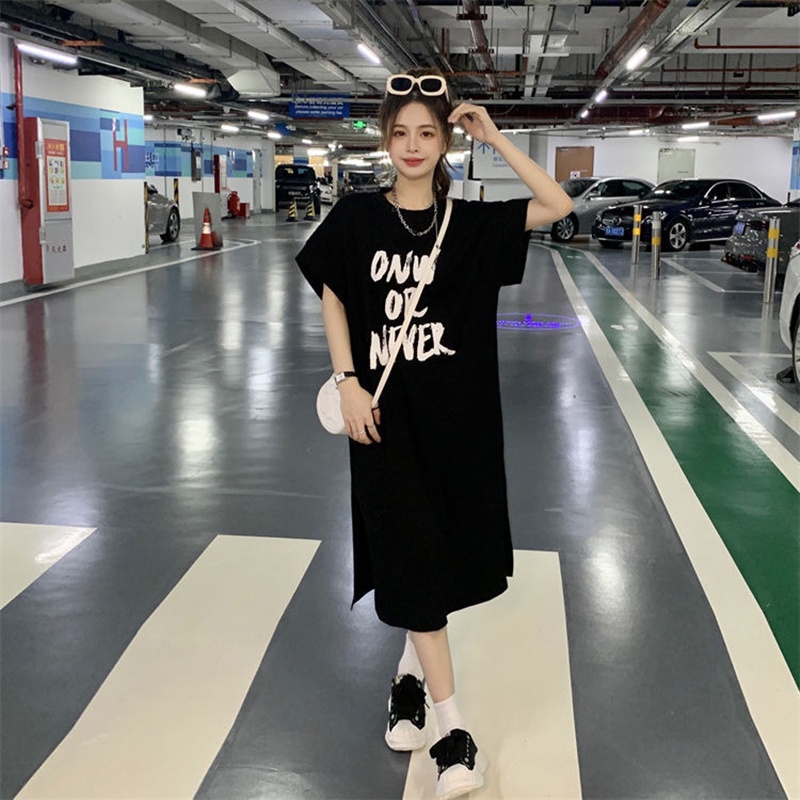 Đầm xẻ tà dáng rộng IELGY in chữ phong cách cổ điển thời trang cho nữ