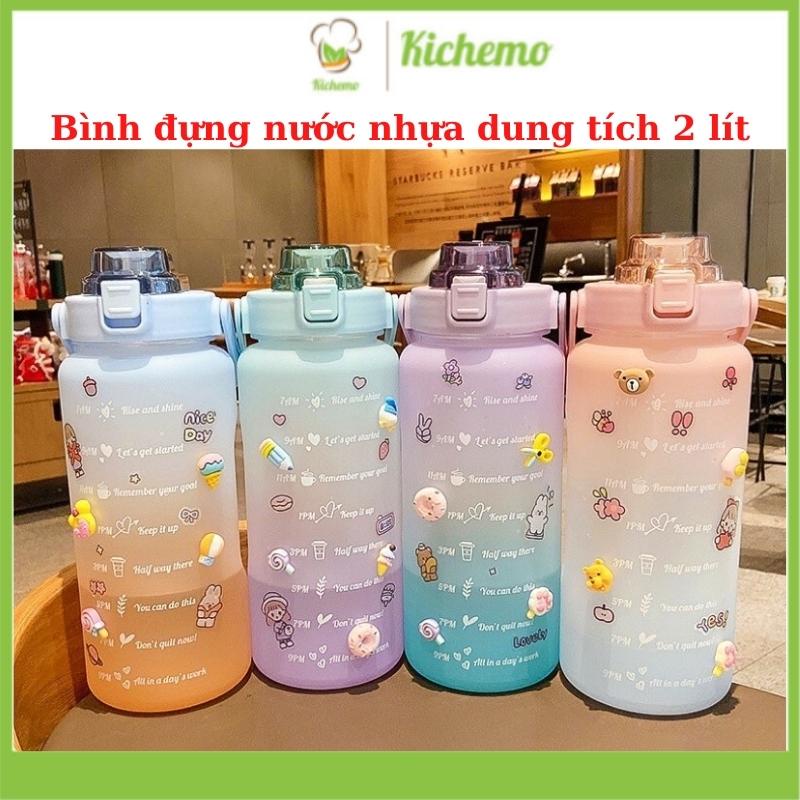 Bình Nước 2 Lít Có Vạch Kẻ Chia Cho Mỗi Ngày Kèm Ống Hút Tiện Lợi
