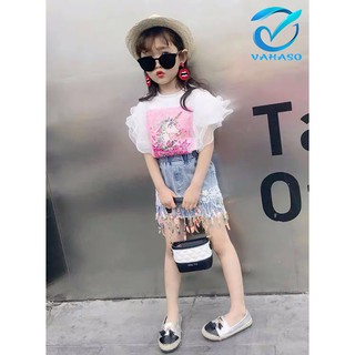 Quần áo trẻ em Set áo voan mix chân váy jean bé gái