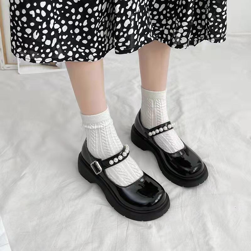 Giày búp bê lolita nữ đế cao cao cấp ulzzang mũi tròn phối quai ngọc xinh mã D36