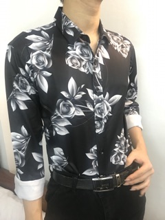 Áo sơ mi lụa nam họa tiết màu trắng