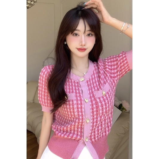 Áo len dệt kim tay ngắn, áo len cardigan màu hồng xinh yêu | BigBuy360 - bigbuy360.vn