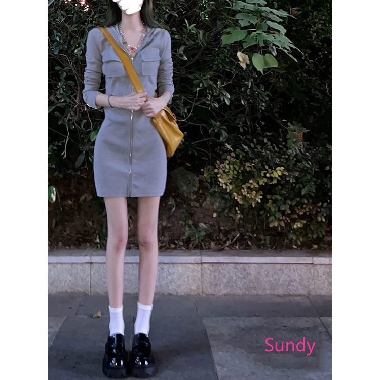 Đầm Hoodie Tay Dài Phối Túi Phong Cách Phương Tây Thời Trang Thu Đông Cho Nữ