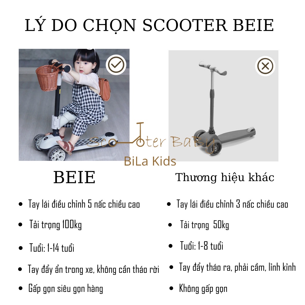 Xe scooter chòi chân cho bé BILA KIDS từ 1-14 tuổi, có ghế, tay đẩy, tải trọng 100kg Siêu bền, scoot and ride