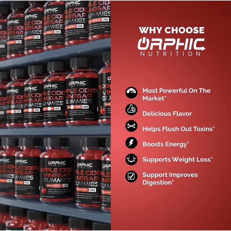 Kẹo dẻo giấm táo hỗ trợ giảm cân, gút, detox và thanh lọc cơ thể Orphic Nutrition 60 viên USA