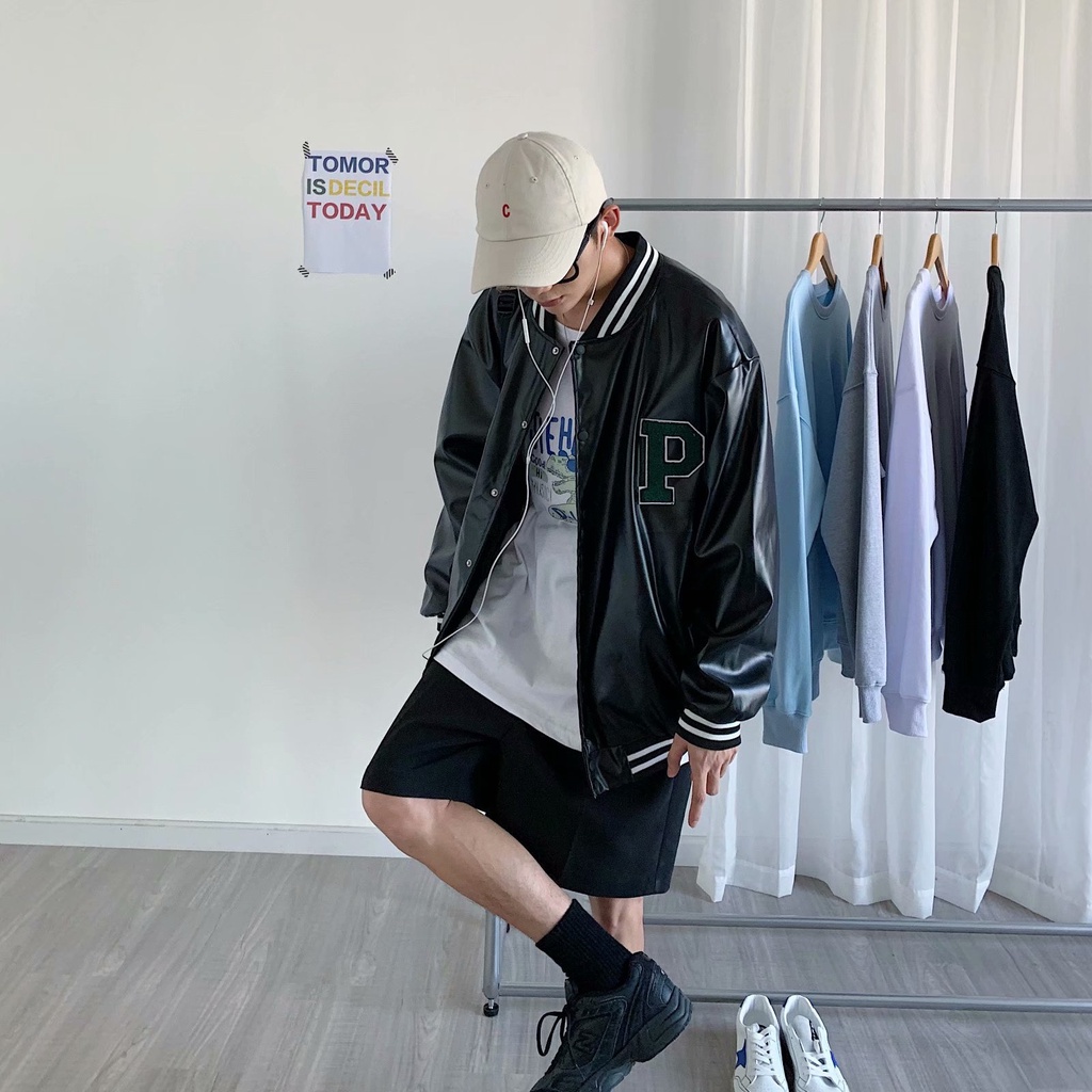 Áo Bomber Nam BOM HOUSE Áo Khoác Da FULL Logo Thêu 2 Lớp Dày Unisex Nam Nữ