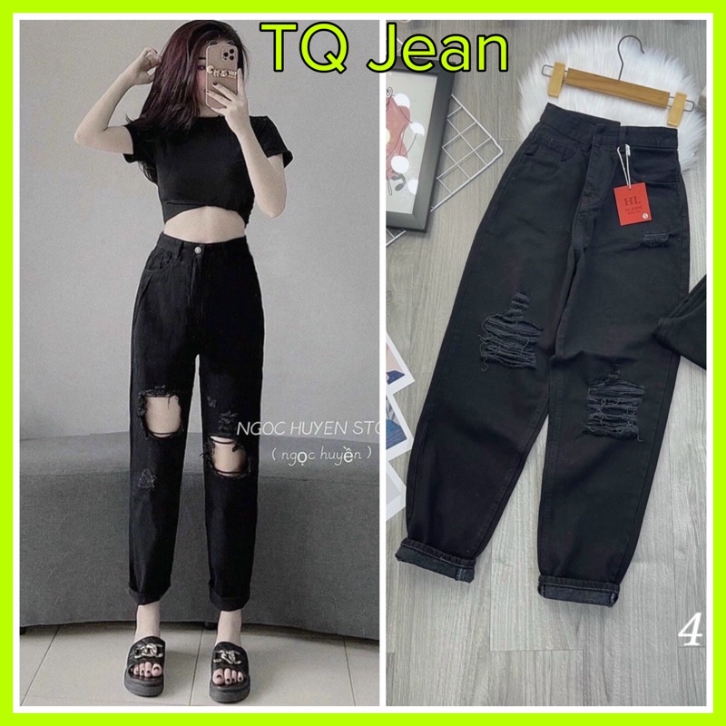[ Chuyên Sỉ ] Quần baggy nữ lưng cao rách kiểu te tua màu đen TQ Jean