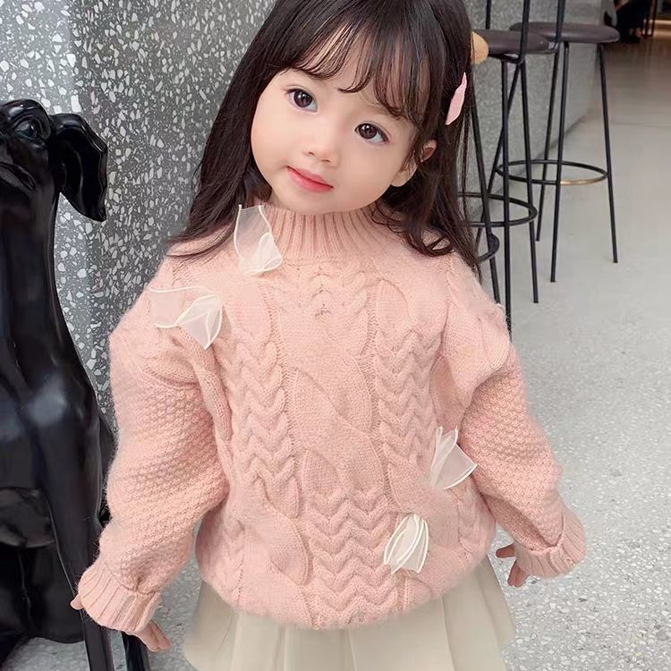 Áo sweater cổ cao phối nơ thiết kế thời trang thu đông cho bé gái tùy chọn màu sắc