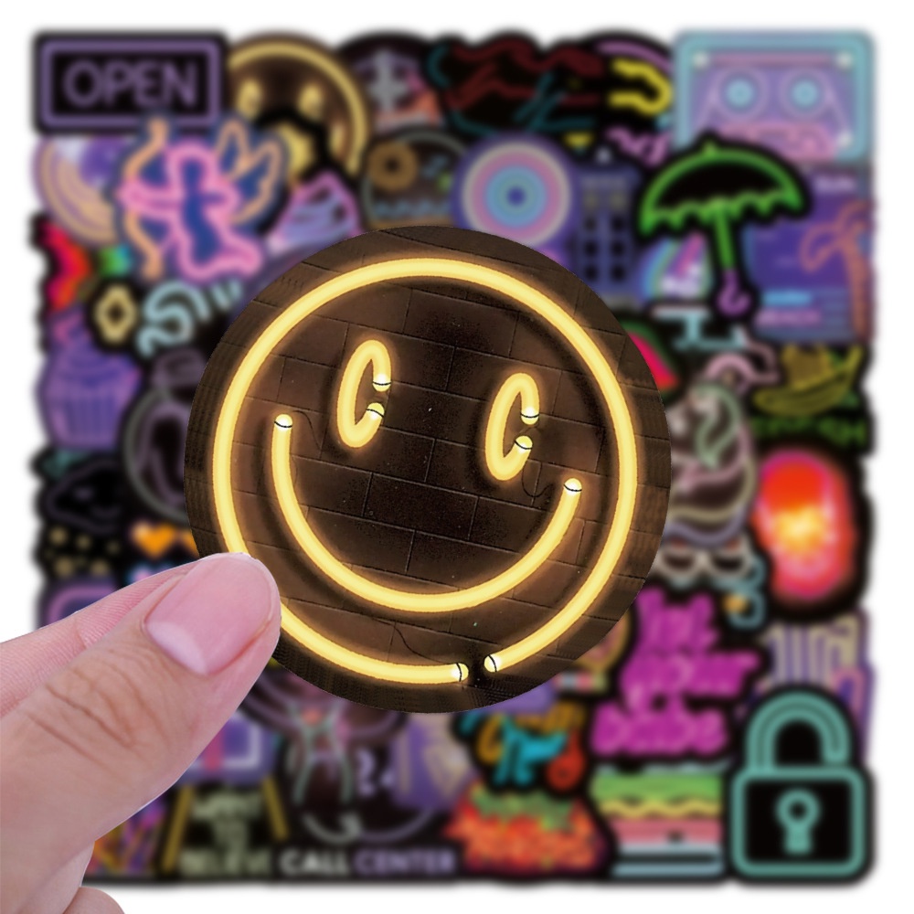 50 Sticker Neon dạ quang/ tiệc tùng cute chống nước dán laptop, hình dán mũ bảo hiểm, dán xe, điện thoại, mã 108