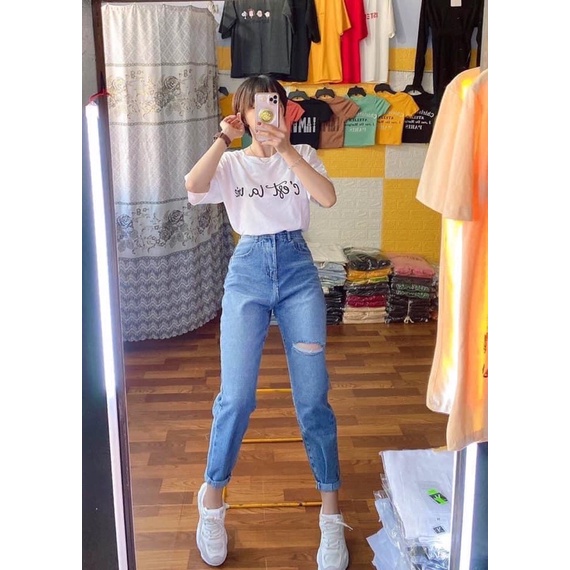 Quần Baggu Xanh Trung Rách Đùi Sắn Lai Không Co Giãn, Lưng Cao Trên Rốn