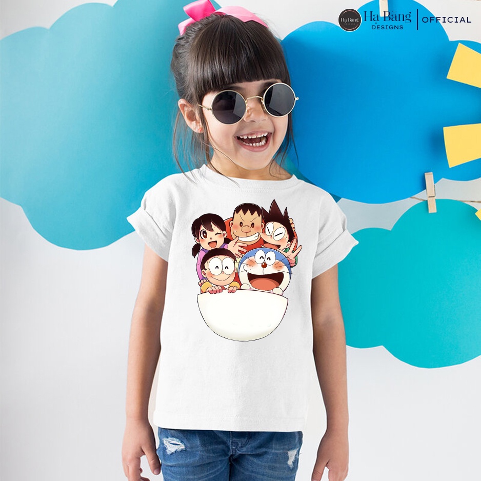 Áo thun cho bé tay ngắn vải cotton màu trắng Hạ Băng Designs - Doraemon
