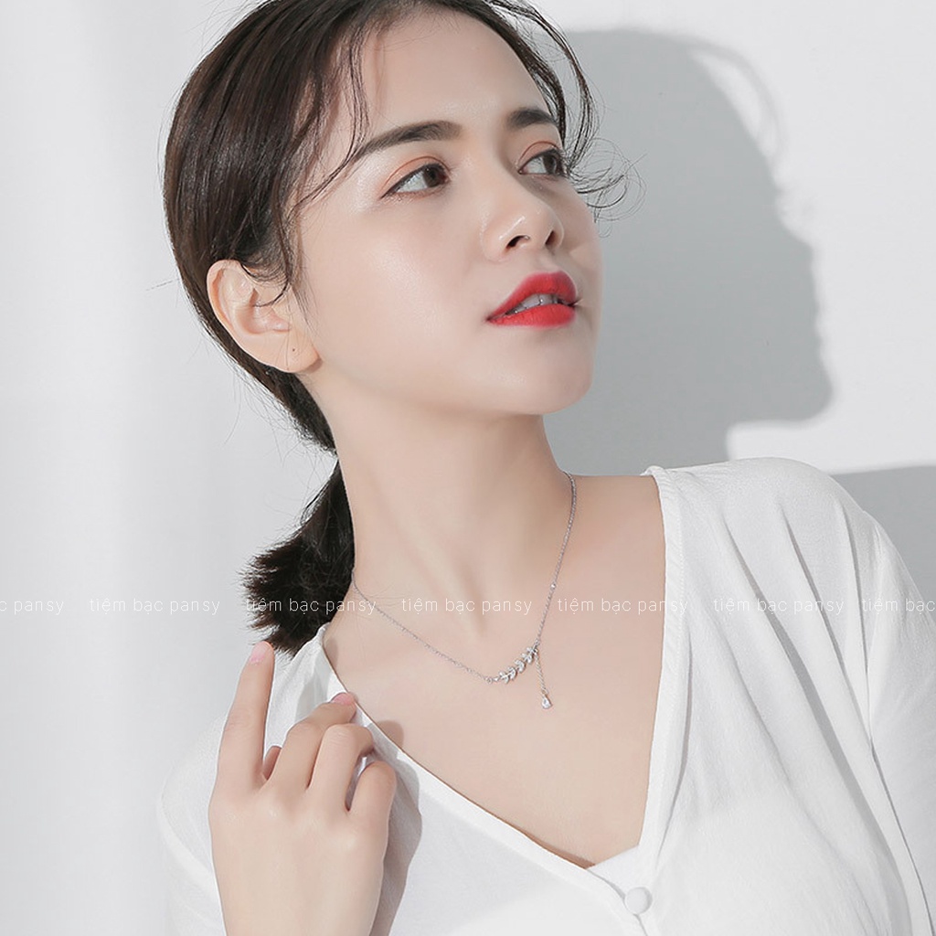 Dây chuyền bạc PANSY mặt lá liễu thả hạt, vòng cổ nữ hình lá đính đá phong cách Hàn Quốc