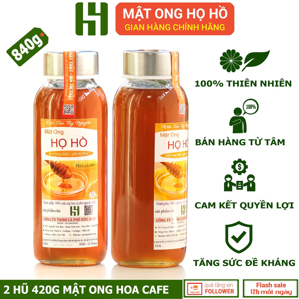 Combo 2 hũ 420g Mật ong nguyên chất hút rừng hoa cafe - Mật ong HỌ HỒ mật thật, giá trị thật - cam kết nguyên chất