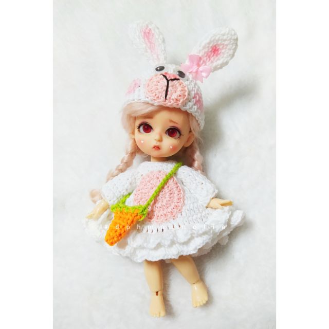 CÓ SẴN - Set đầm thỏ trắng size búp bê BJD 1/8, Baboliy