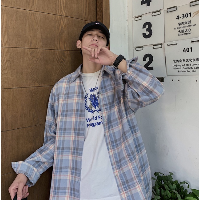 Áo sơ mi tay dài kẻ sọc caro trẻ trung thời trang phong cách Hàn Quốc cho nam