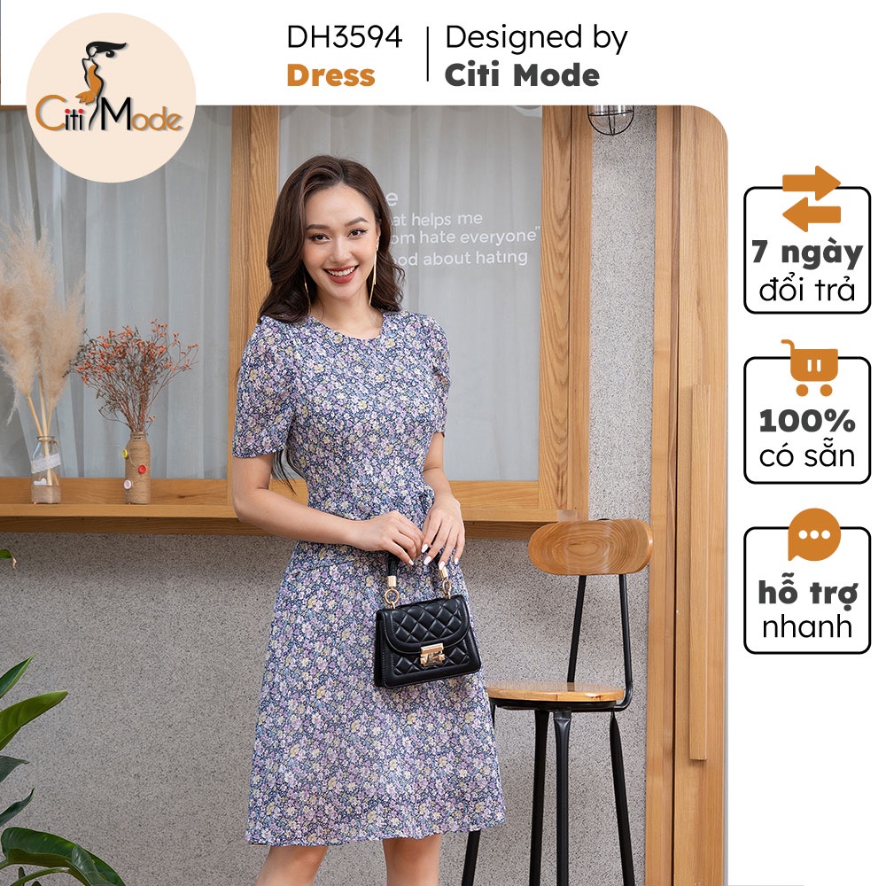 Đầm xòe nữ tím hoa nhí CITI MODE cổ tròn phối vạt eo chất Voan cao cấp 2 lớp DH3594