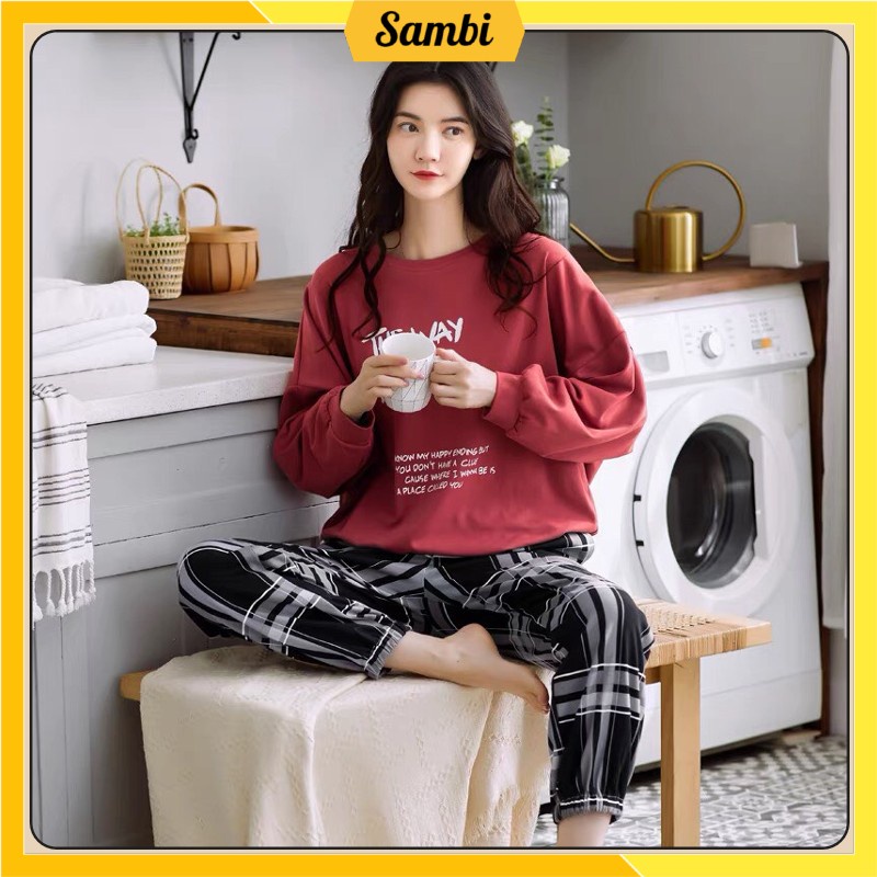 Bộ đồ thu đông nữ Sambi bộ mặc nhà dài tay quần kẻ họa tiết dễ thương cao cấp | BigBuy360 - bigbuy360.vn
