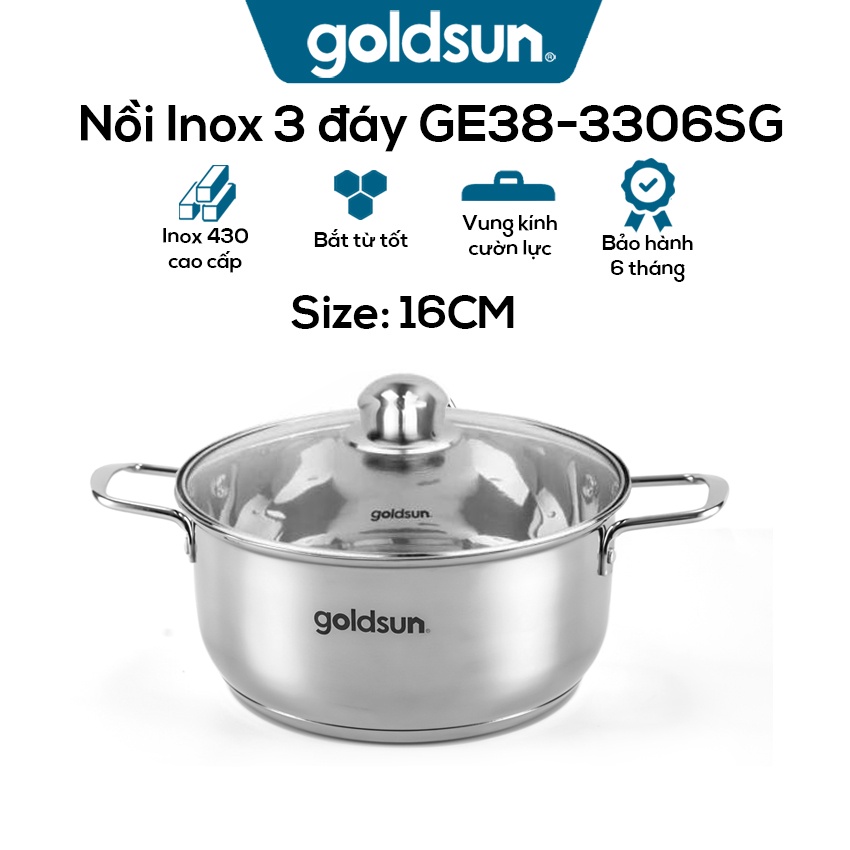 Nồi Inox 3 đáy thương hiệu Goldsun - Nồi đáy từ mini hàng chính hãng, thân nồi siêu dày rặn
