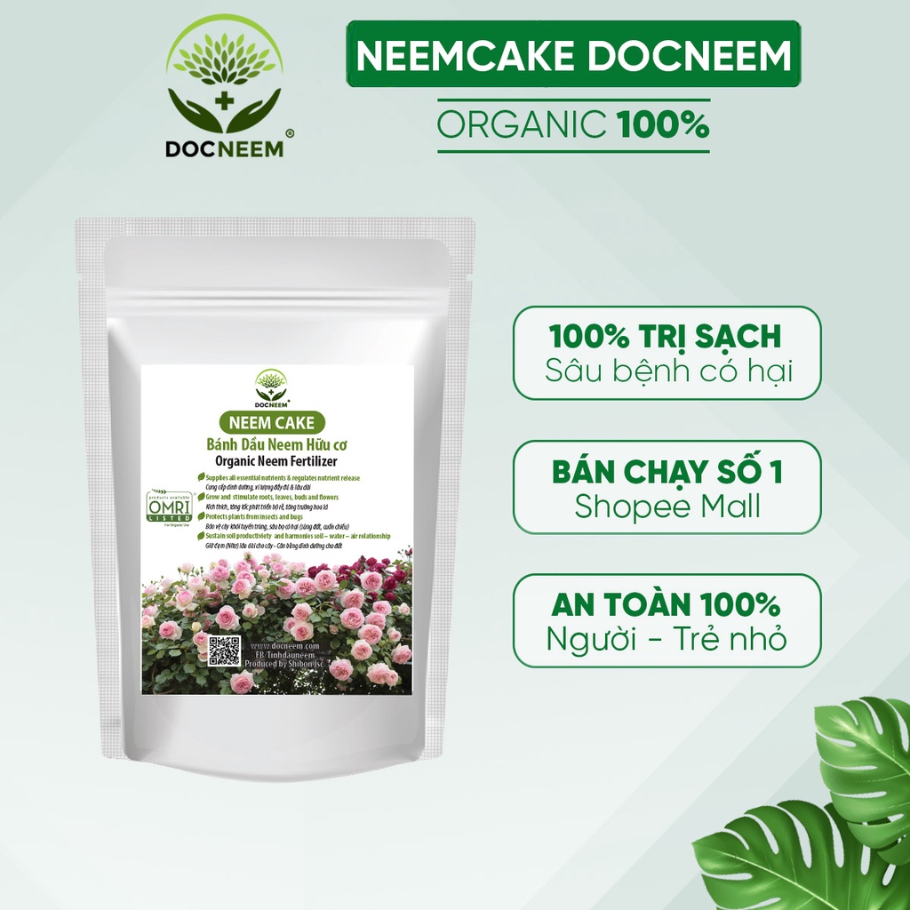 Neem cake DOCNEEM trị sùng đất, cuốn chiếu, ốc sên, phân bón kích rễ hoa hồng, phong lan, cây cảnh bánh dầu neem túi 1kg