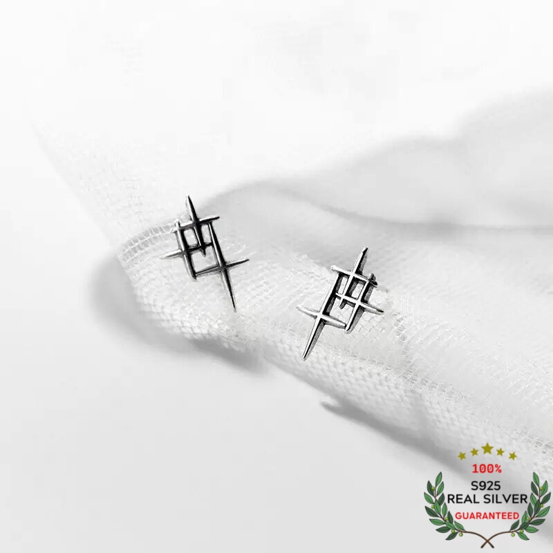 Bông Tai Bạc Thái S925 Retro Cross Star Ngôi Sao Trẻ Trung Cá Tính | Khuyên Tai Nữ Trang Sức Bạc Thời Trang