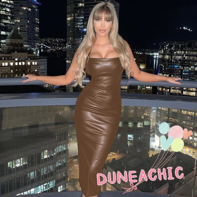 DUNEA Đầm da pu không tay xẻ tà phong cách đường phố cá tính cho nữ