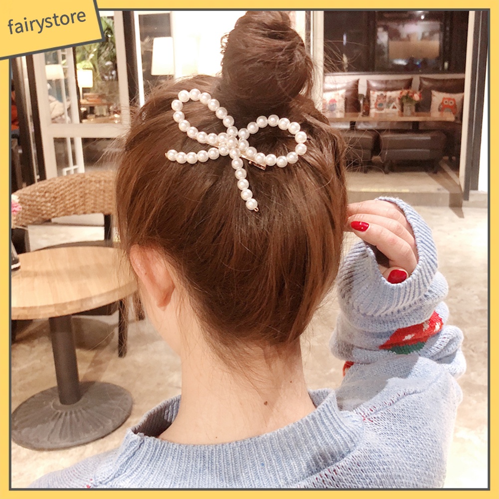 Kẹp tóc hình nơ đính ngọc trai giả thanh lịch dành cho nữ