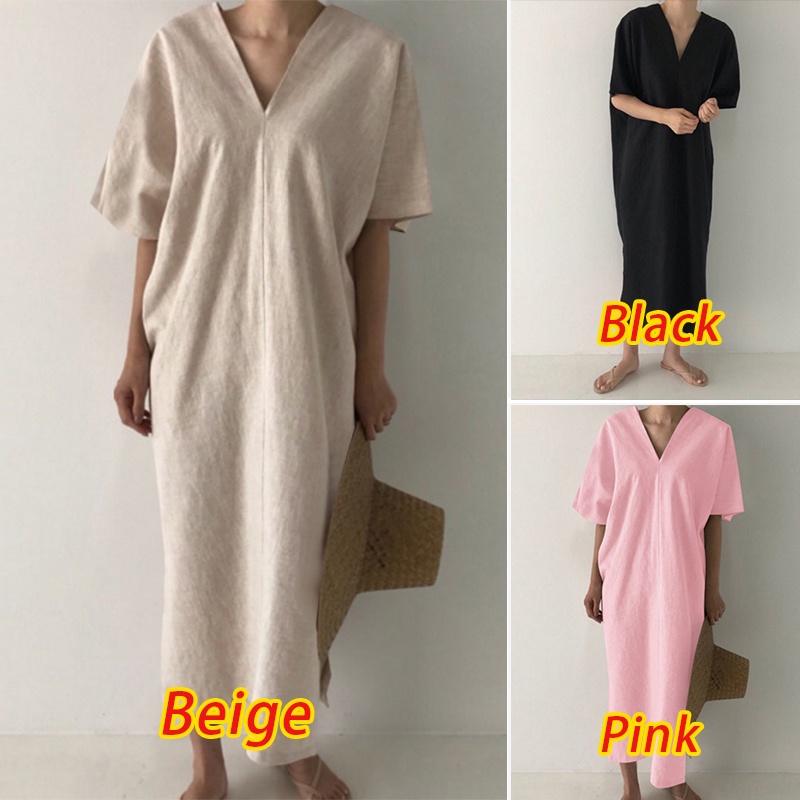 Đầm maxi ZANZEA màu trơn cổ V tay lỡ xẻ tà thời trang cho nữ